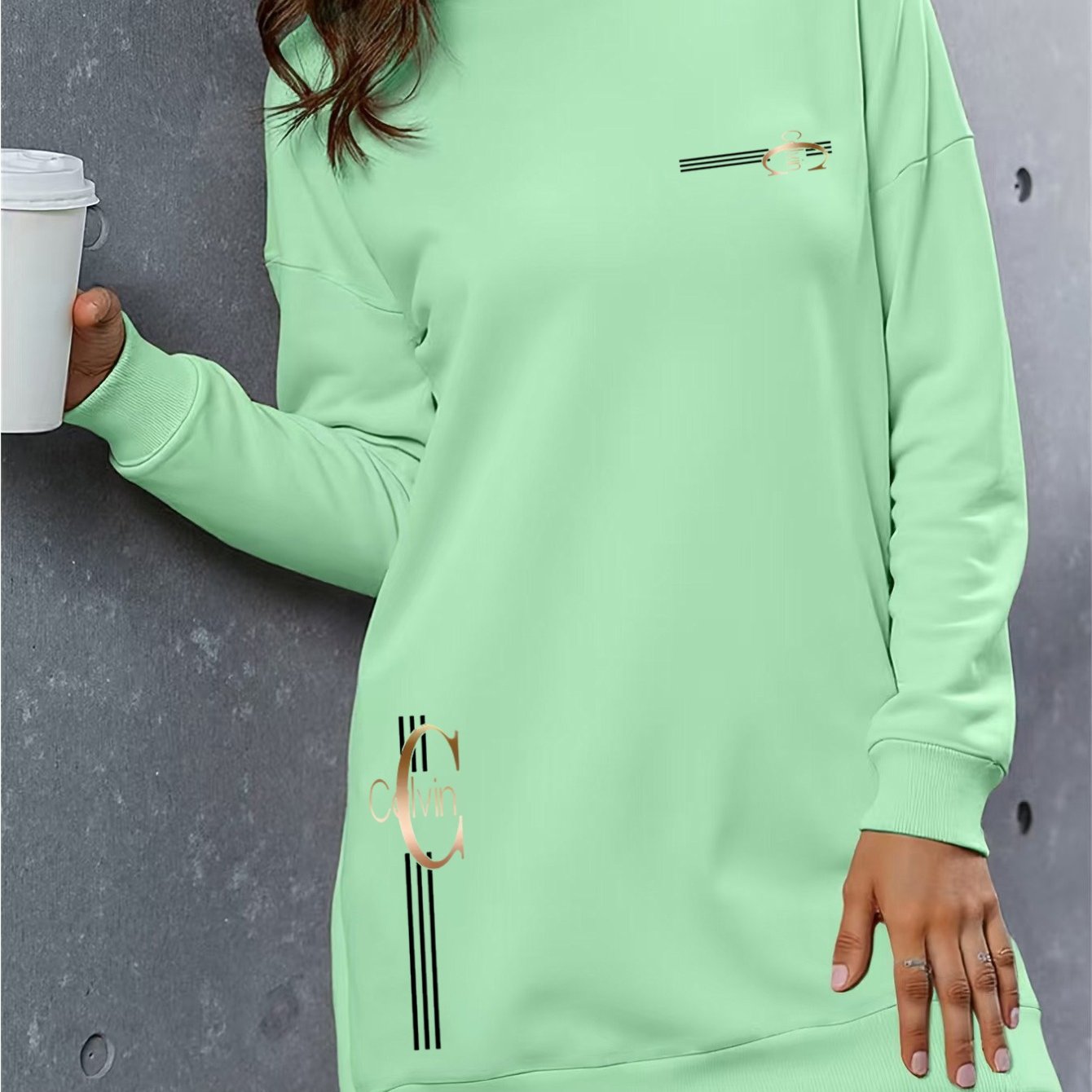 Women'S Elegant Letter Print Hooded Sweatshirt - Thickened Fleece-Lined Long Dress with Golden Lettering & Golden-Tone Lettering, Front Zipper Closure, All-Season Casual Elegant Sweater, Cute Hoodie