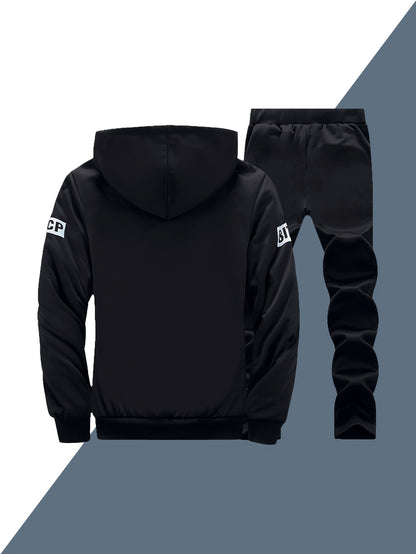 2pcs Men's -Lined Sportswear Set, Thickened Men's Casual Sportswear Set, Men's Sportswear Top and Bottom Set, Hooded Sweatshirt and Casual Sport Pants, -Lined and Thickened, Warm and Cold-Resistant, Suitable for Autumn and Wi