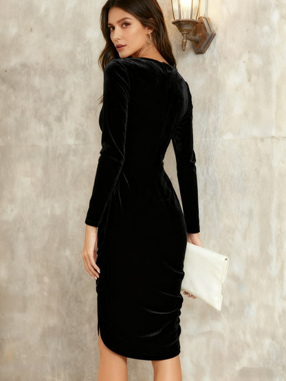 2025 New Velvet V-neck Bodycon Midi Dress | Elegant Cross-Back Sexy Evening Gown for Parties, Solid Color, Long Sleeve, Pencil Fit