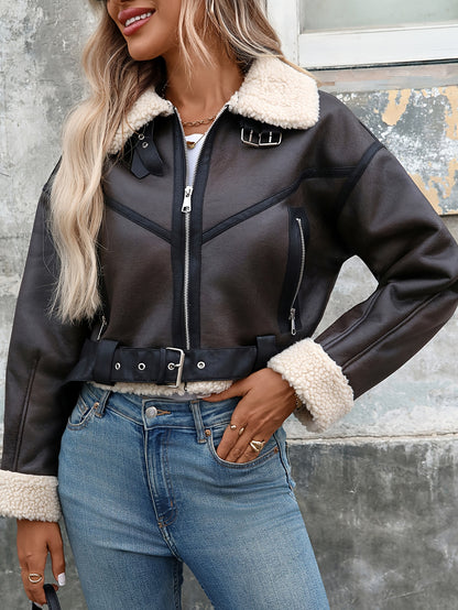 Women's Autumn/Winter Street Retro Belted Zipper Thick Short Faux Lambskin Coat