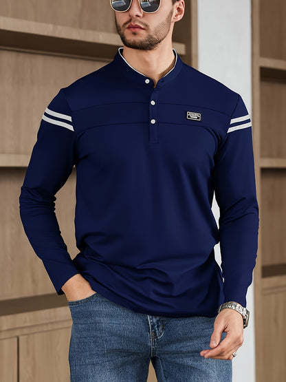 Men'S Casual Long Sleeve T-Shirt - Solid Color with Stand Collar  Stripe Polo, Button-Up Front, Ideal for Outdoor Activities