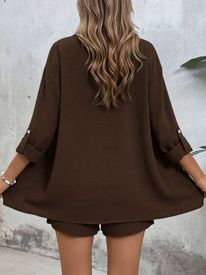 Women's Casual Long-Sleeve Shirt & High-Waist Shorts Set for Spring/Su