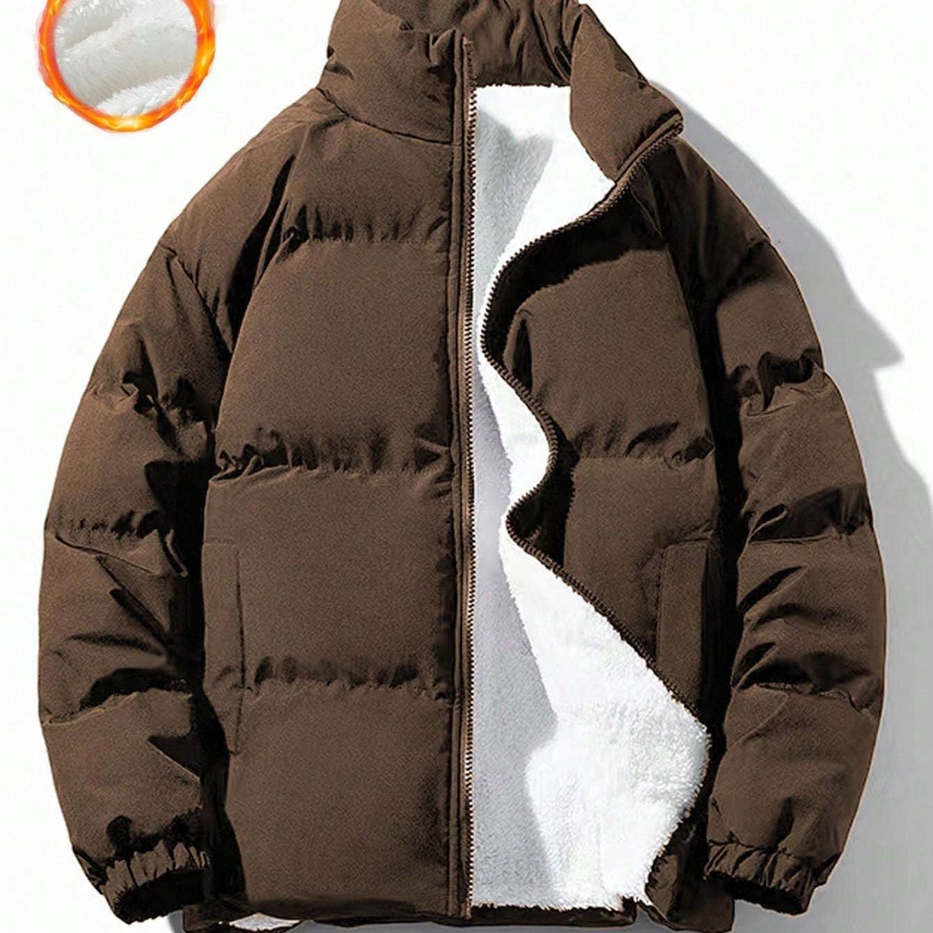Yilong OBM Men's 2025 Fleece-Lined Winter Coat - Stand Collar Padded Insulation, Machine Washable Polyester, Solid Color Casual Jacket with Zipper Closure for Cold Weather, Winter Jacket, Outdoor Clothing, Minimalist Design,