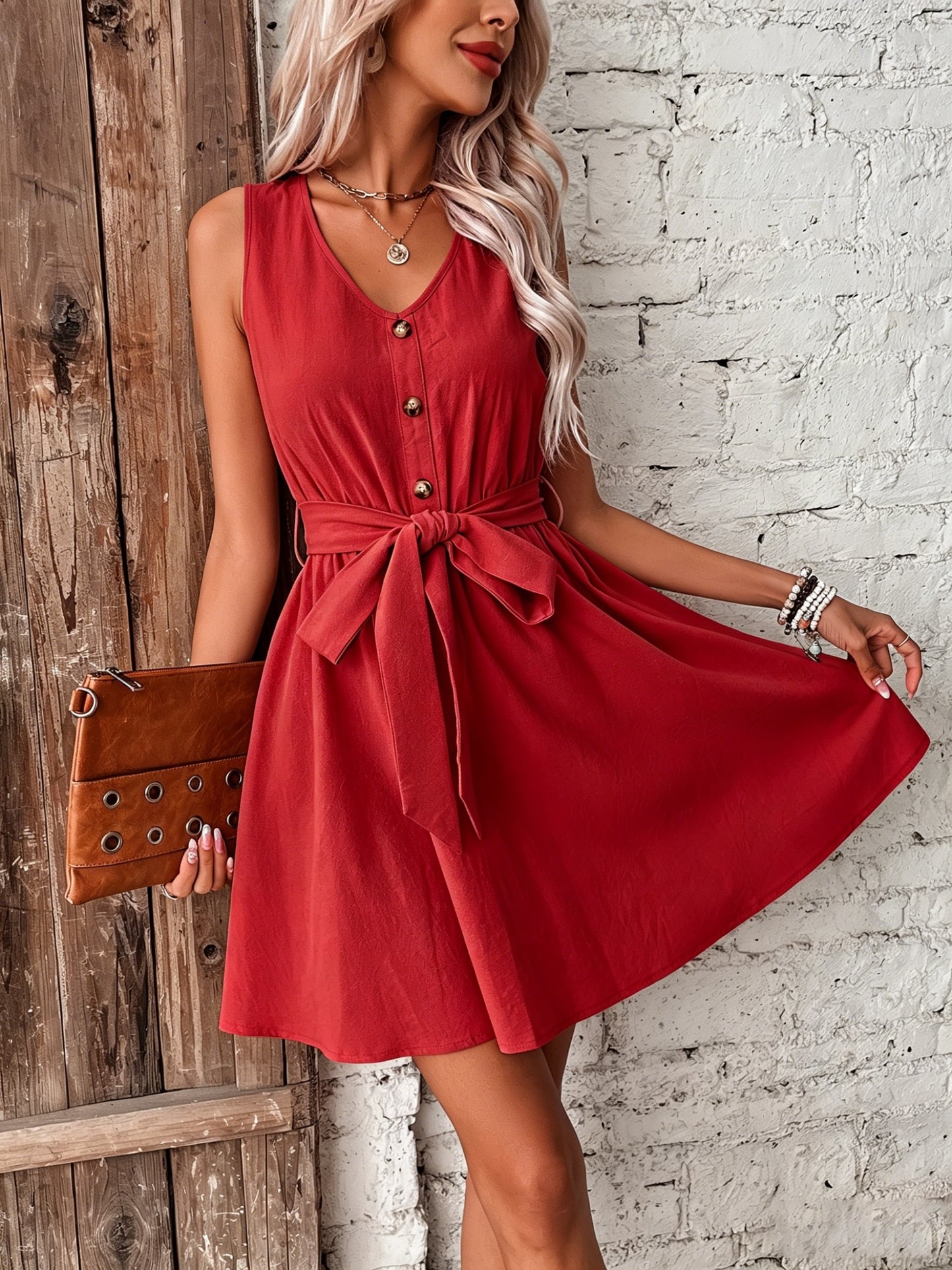 Elegant Sleeveless Apricot Cotton Midi Dress with Belt for Women