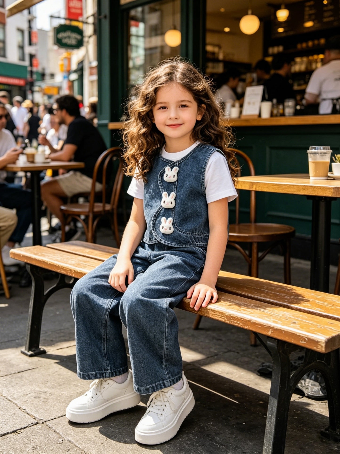 Girls Cute Sleeveless Denim Vest & Loose Straight Leg Jeans Set