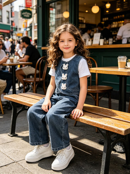 Girls Cute Sleeveless Denim Vest & Loose Straight Leg Jeans Set