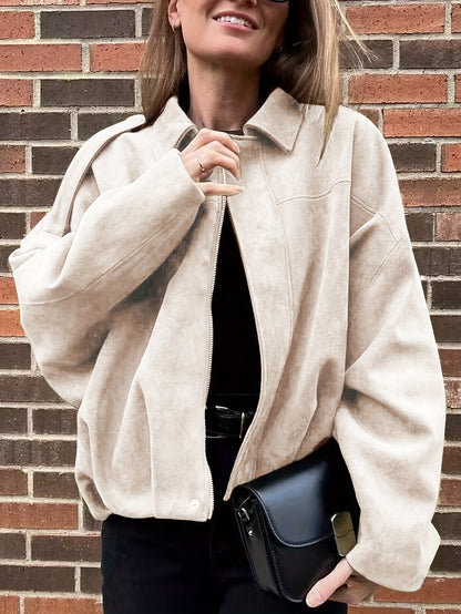 Women'S Vintage Bomber Jacket - Loose Fit Long Sleeve Zip-Up with Drop Shoulder Design, Brown Casual Outerwear for Fall/Winter, Non-Stretch Fabric, Perfect for Casual Attire, Autumn Winter Jacket | Vintage Bomber Style | Zipp