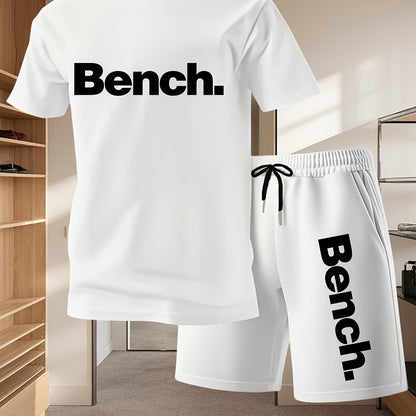 Summer Men'S Casual Sports Short Sleeve T-Shirt and Shorts Set, Comfortable Breathable, Suitable for Outdoor Jogging Running Fitness, Bench. Letter Print Design - 2pcs
