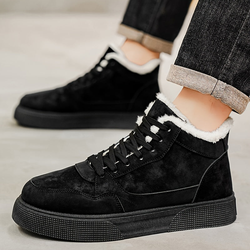 Men's Winter Warm Mid-Top Sneakers - Heavy-Duty Insulated Ankle Shoes with Thick Traction PVC Sole, Upper & Grey/White Beige Lining for Outdoor, Hiking, Skateboarding & Casual (Cold Weather) - Lace-Up Boots, Shoes For Men