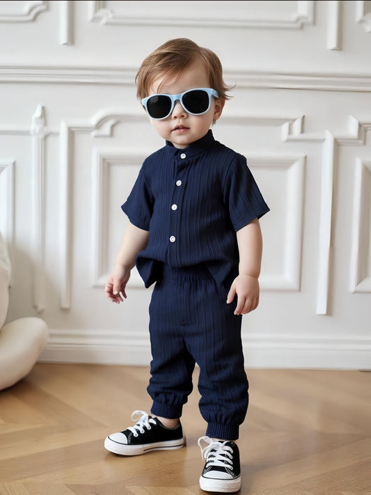 Boys' Navy Blue Plaid Casual Outfit Set for Spring Summer