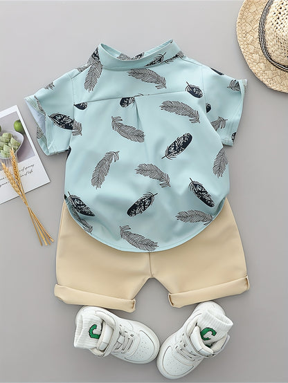 Infant Toddler Summer Feather Print Shirt and Shorts Set
