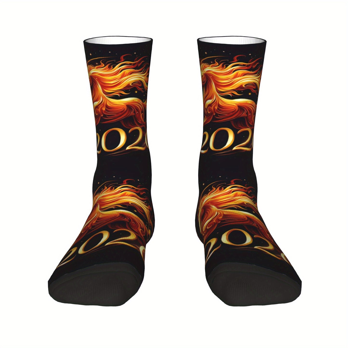 1pc Designed Socks sporty styles 2026 Year of the Horse Creative mid-calf socks geometric designs 3D digital print socks, cute socks for teens and adults ideal for daily wear, perfect for gift giving!