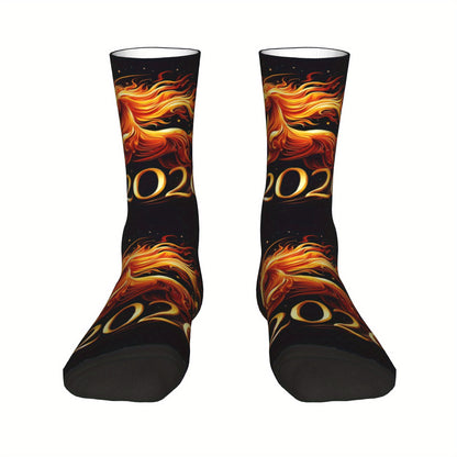 1pc Designed Socks sporty styles 2026 Year of the Horse Creative mid-calf socks geometric designs 3D digital print socks, cute socks for teens and adults ideal for daily wear, perfect for gift giving!