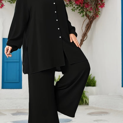 Plus Size, Plus Size Women's Fashionable and Elegant Loose V-Neck Two-Piece Set