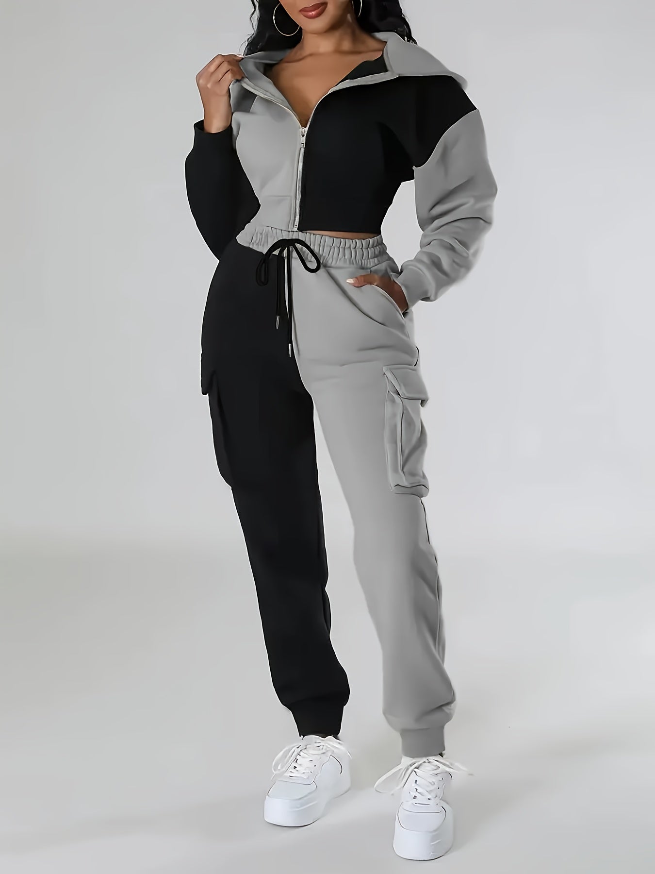 Women's Color-Block Hooded Casual Set for Fall Winter