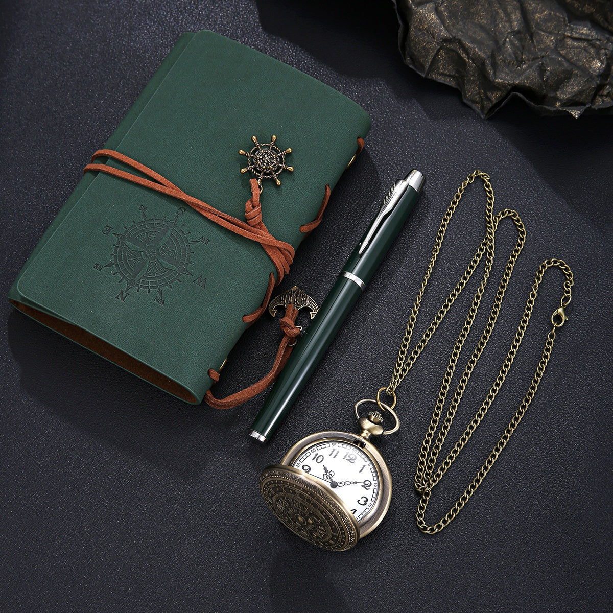 3pcs Men's classic retro style quartz pocket watch + pirate elements diary writing pen gift box set The best choice for holiday birthday gifts