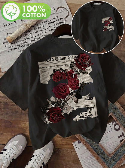 Women's Vintage Double-Sided Print Cotton T-Shirt, Casual Summer Top