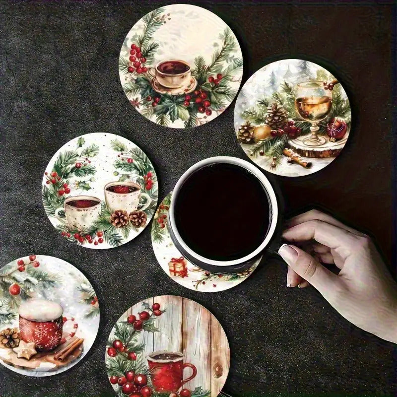 6pcs Holiday Wooden Coaster Set- Christmas and Holiday Themes, Suitable for Kitchen, Living Room, and Patio Tables- Perfect Holiday Gift, Christmas Decoration, Festive Tableware, Holiday Decor, Themed Coasters, Seasonal Desig