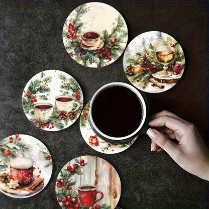 6pcs Holiday Wooden Coaster Set- Christmas and Holiday Themes, Suitable for Kitchen, Living Room, and Patio Tables- Perfect Holiday Gift, Christmas Decoration, Festive Tableware, Holiday Decor, Themed Coasters, Seasonal Desig