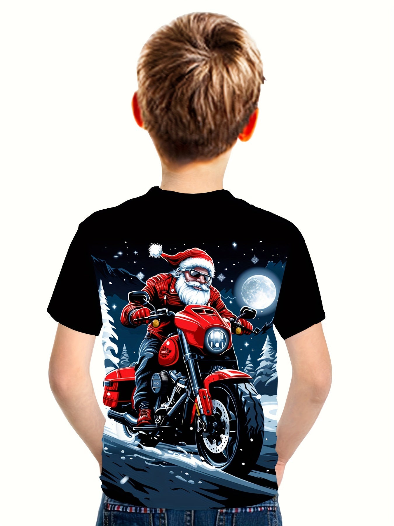 Boys' Santa Claus Motorcycle Graphic T-Shirt - 3D Print Plaid Casual Short Sleeve Tee with Snowy Night Scene, Red Motorcycle & Santa Hat, All-Season Comfort Fit for Outdoor Play & Holiday Fun, Motorcycle T Shirt, Outdoor Play
