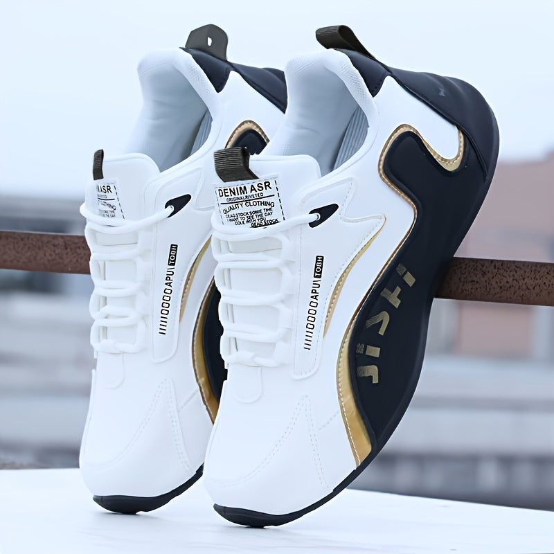 Letter Print. Casual Fashion. Low Top. Lace-Up. Solid Color. Comfortable. Good Grip. Unisex. Multifunctional. Skate Shoes. Men'S Casual Sports Sneakers Breathable, Non-Slip Running Shoes, Soft Sole, Golden And Black Design. G - ayq
