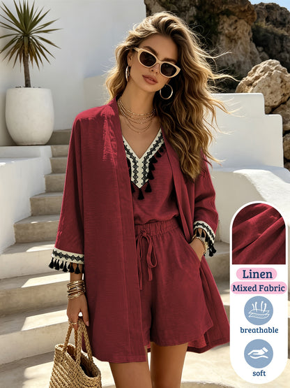 Women’s Boho Linen Blend Three-Piece Summer Suit Set