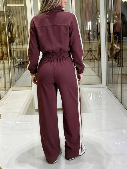Women's Casual Polyester Set: Long-Sleeve Jacket & Straight Trousers