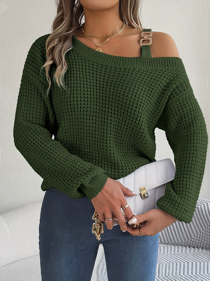 Casual And Versatile Long-Sleeve Sweater with Shoulder Cutouts And Metal Buttons for Autumn And Winter.
