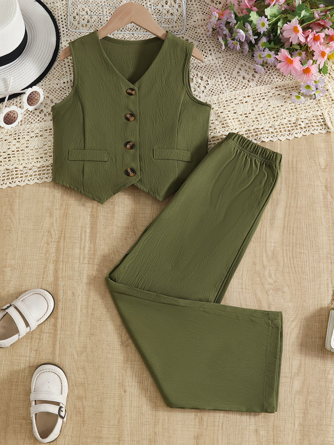 Girls' Army Green Sleeveless Vest & Wide Leg Pants Set