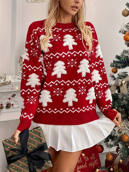 Women'S Elegant Red & Sweater - Long Sleeve Round Neck Pullover with Poinsettia & Snowflake Pattern, Stretchy Fabric, Cozy Fall Winter Holiday Sweater for Christmas, Ladies Sweaters