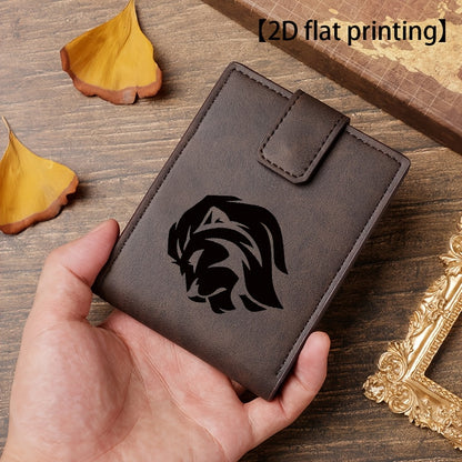 Lion Head Print Minimalist Design Wallet | Men'S Card Holder with Multiple Slots, Coin Purse, Document Organizer, Faux Leather, Casual Style