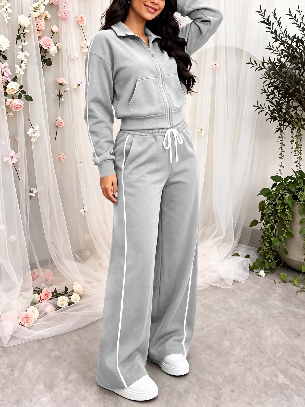 Women's Casual Two-Piece Set with Embroidered Jacket & Wide-Leg Trouse - ayq