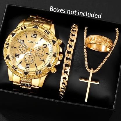 A Set of 4 Elegant Men'S Business Stainless Steel Quartz Watches, Featuring Stainless Steel Straps, Analog Display, And Accompanied by a Bracelet, Ring, And Necklace, Making It The Perfect Gift for Valentine'S Day, Easter, An
