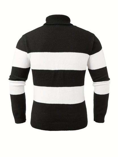 Men'S High-Neck Striped Knit Sweater, Stylish Color-Blocked Pullover for Spring And Autumn - ayq