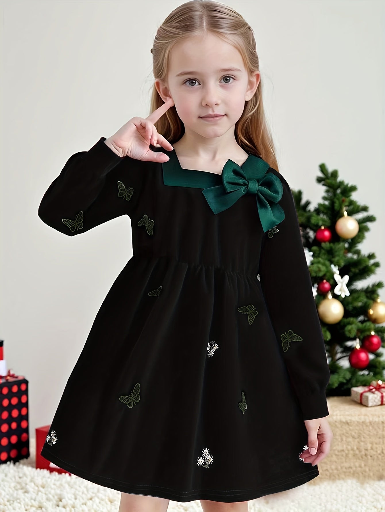Dreamy Party Dress for Girls - Sweet 3-D Bow with Playful Embroidered Accents, Long Sleeve Spring/Fall Holiday Gathering Outfit