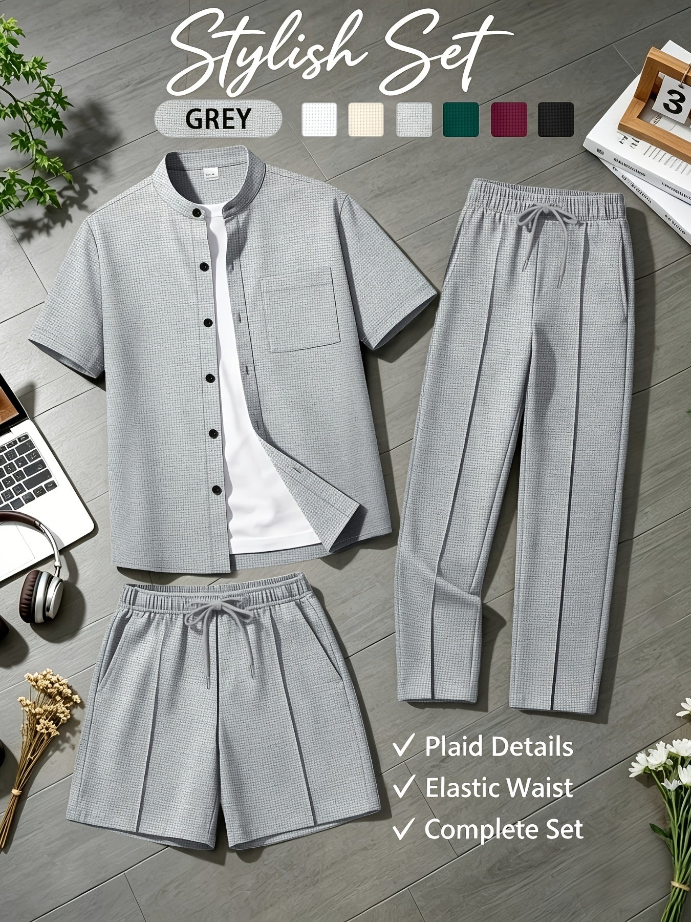 Men's Casual Mandarin Collar Short Sleeve Shirt and Drawstring Pants