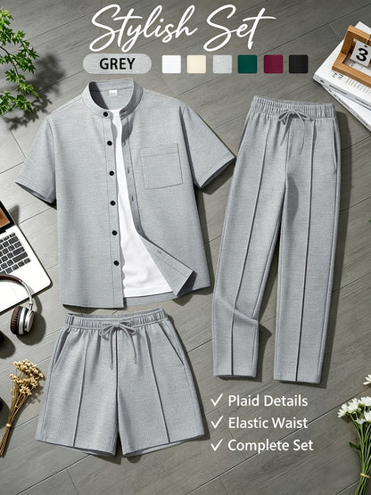 Men's Casual Mandarin Collar Short Sleeve Shirt and Drawstring Pants