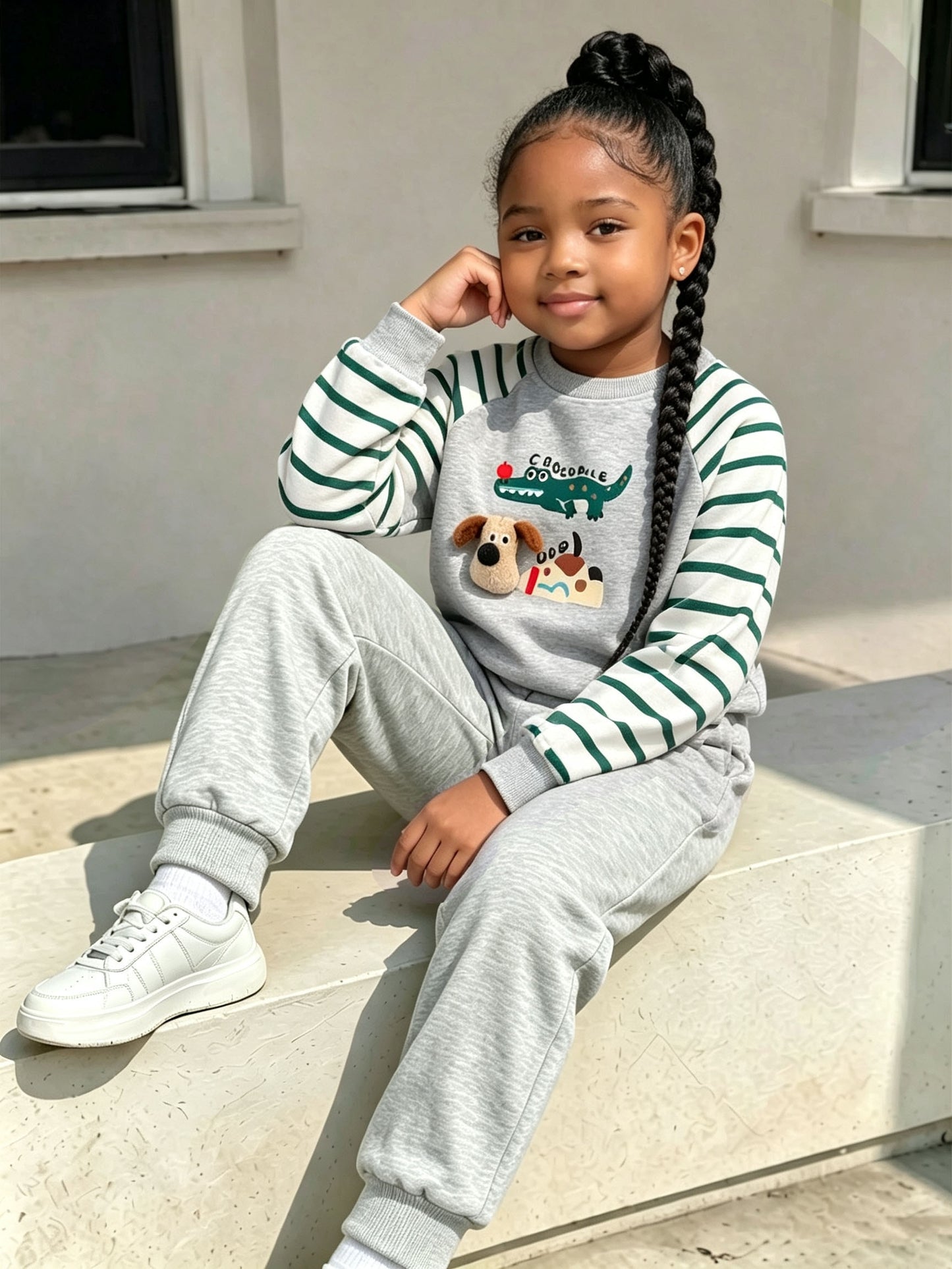Boys 2-Piece Cotton Set: Striped Long Sleeve Top & Grey Pants