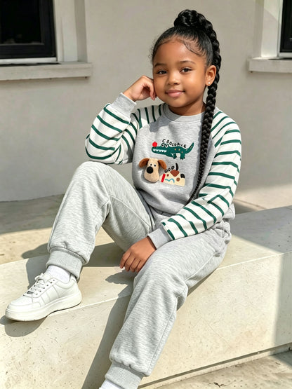 Boys 2-Piece Cotton Set: Striped Long Sleeve Top & Grey Pants