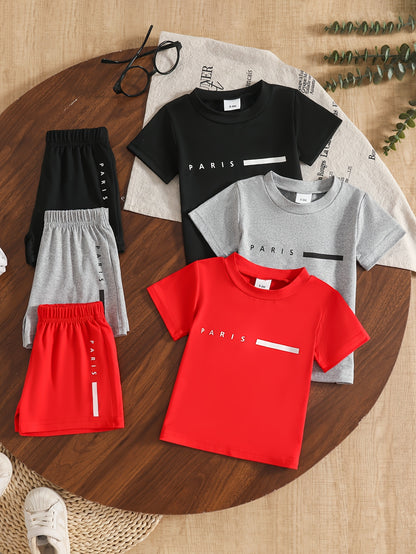 Boys' Summer Casual T-Shirt & Shorts Set, Polyester, 6pcs