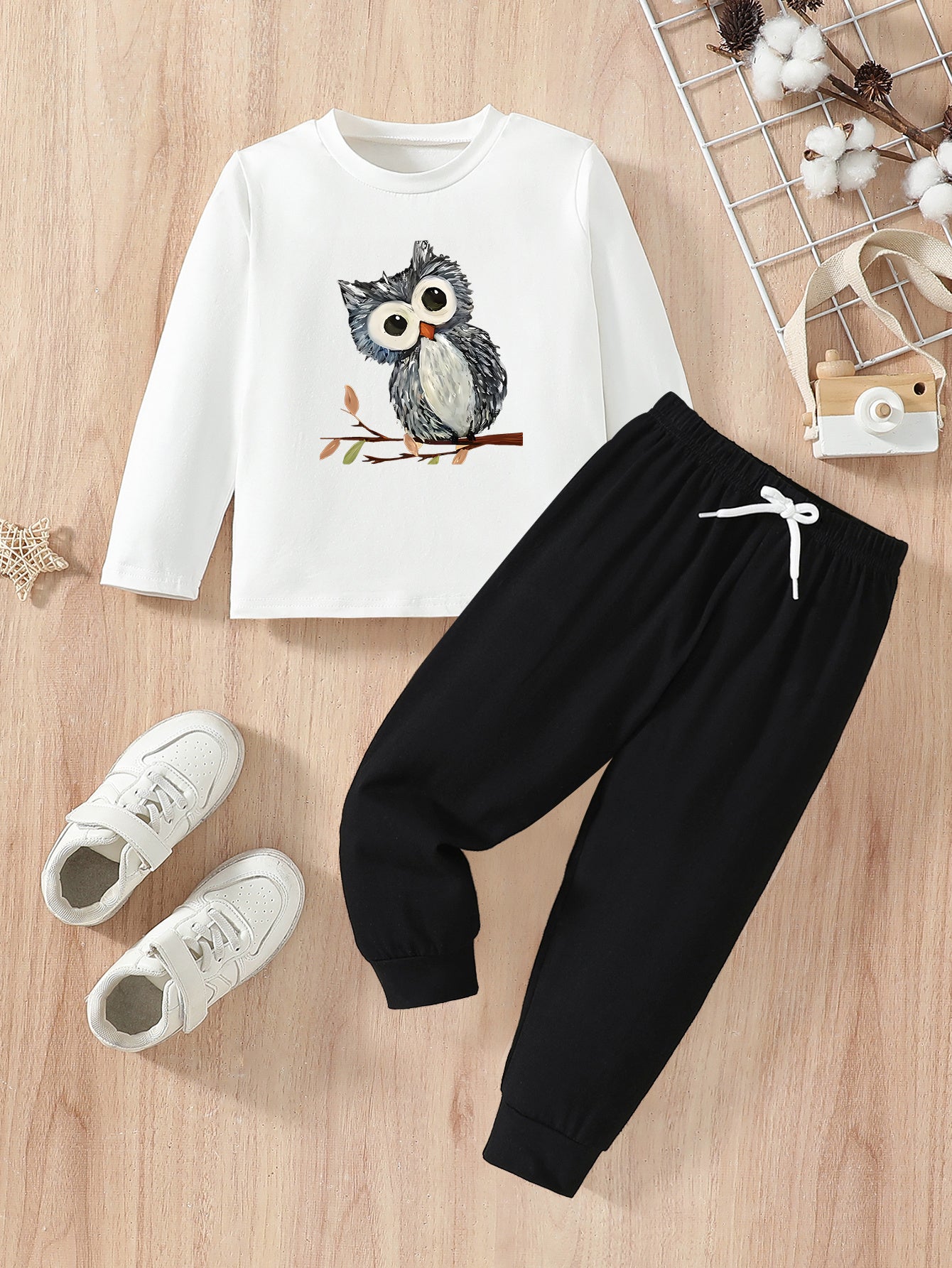 Boys' Casual Cotton Owl Print Long T-Shirt & Pants Set for Fall/Winter