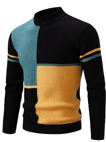 Men'S Autumn Winter New Round Neck Sweater | Color Block Design, Casual Versatile Top, Acrylic Fabric with Slight Stretch