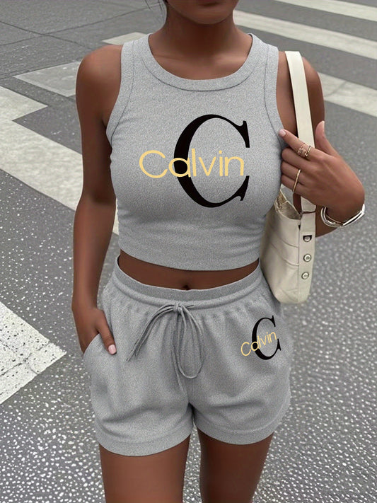 Women's Casual Two-Piece Set with Graphic Print Vest & Shorts