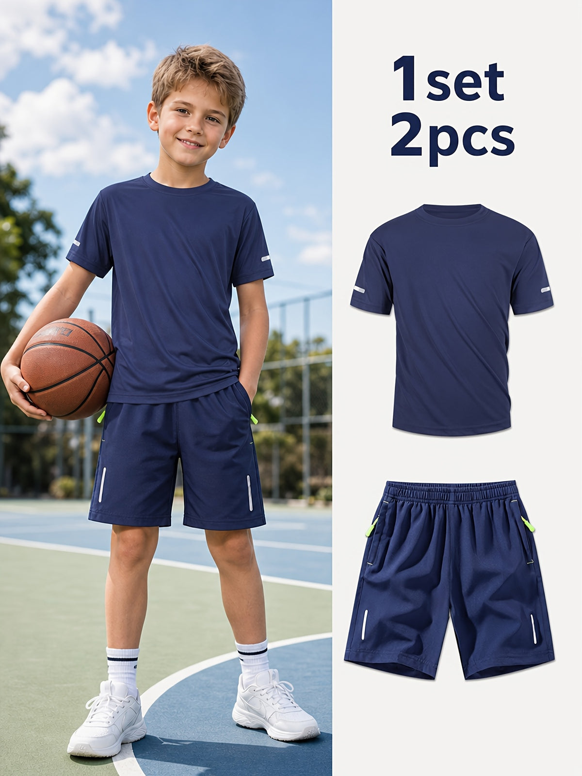 Boys' Quick-Dry Summer Shirt & Shorts Set with Reflective Strips
