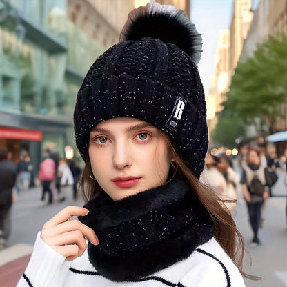 New Year's Acrylic Knit Beanie with Pom-Pom and Matching Scarf Set - Breathable, Elastic, Thermal Knitted Cap and Neck Warmer for Women with Toggle Closure - Hand Washable