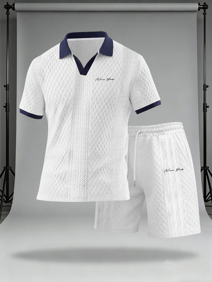 Men's Casual Summer Knitted Polo Set with Geometric Pattern
