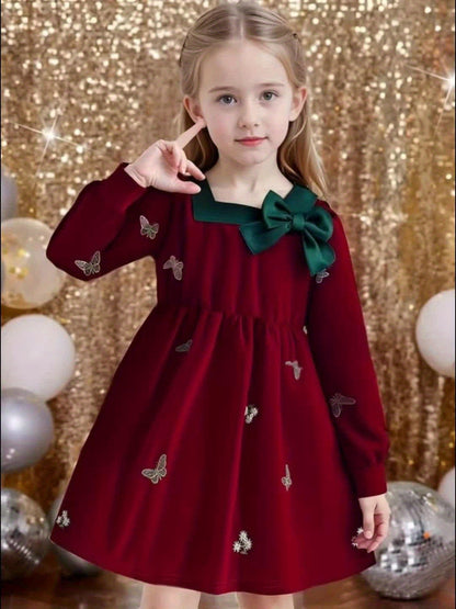 Dreamy Party Dress for Girls - Sweet 3-D Bow with Playful Embroidered Accents, Long Sleeve Spring/Fall Holiday Gathering Outfit