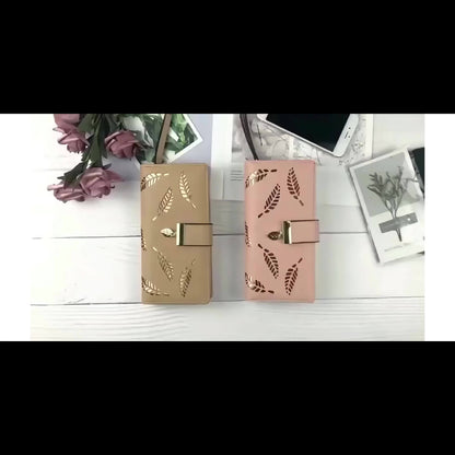 Perfect Christmas Gift for Her: Elegant Women's Long Wallet with Hollow Leaf Pattern & Gold Metal Pendant, Detachable ID Window, Zipper Coin Purse, Multiple Card Slots - Stylish PU  Clutch in Khaki, Blue, Black, Brown, Pink