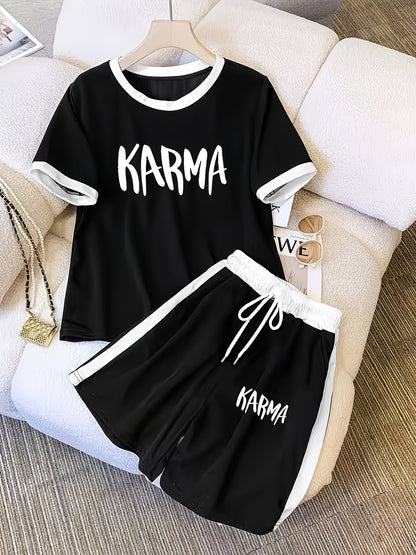 KARMA Summer Casual Set: Color-Block Top & Drawstring Shorts