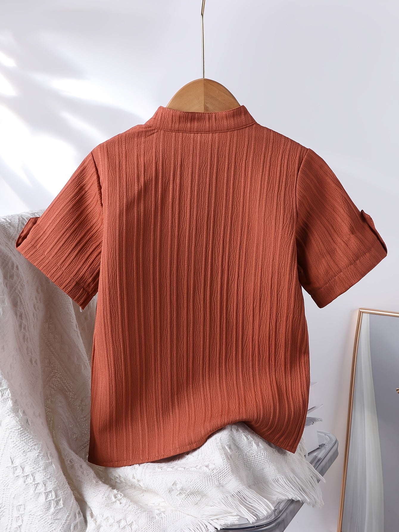 Boys' Casual Stand Collar Short Sleeve Shirt for Spring-Fall